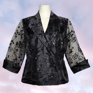 Vtg 90s R&M Richards Black Formal Floral Vampy Goth Glitter Collared Blazer Sz 8